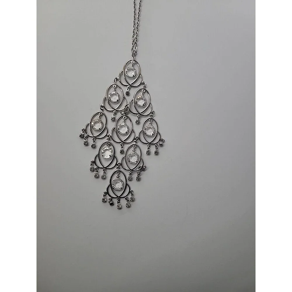 Silver‎ Tone Chandelier Necklace Clear Rhinestone Statement Dangle Bib Necklace